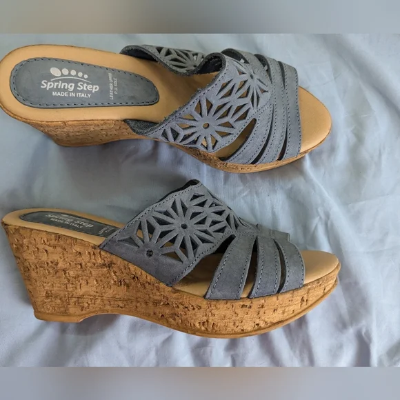 Spring Step Women's Estella Leather Nubuck Wedge Slide Sandals - Blue, 38M EUC - Picture 6 of 7